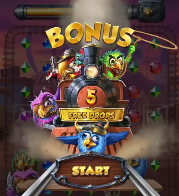 Introducción a la Función de Bonificación – Tren animado con personajes pájaro inicia 5 caídas gratis