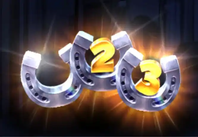 Tres símbolos de herradura plateada brillante numerados 2 y 3, que representan funciones especiales